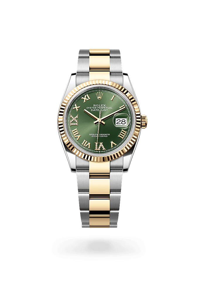 デイトジャスト 36, オイスター、36 mm、オイスタースチール＆イエローゴールド, ダイアル : ダイヤモンド入りオリーブグリーン, Rolex