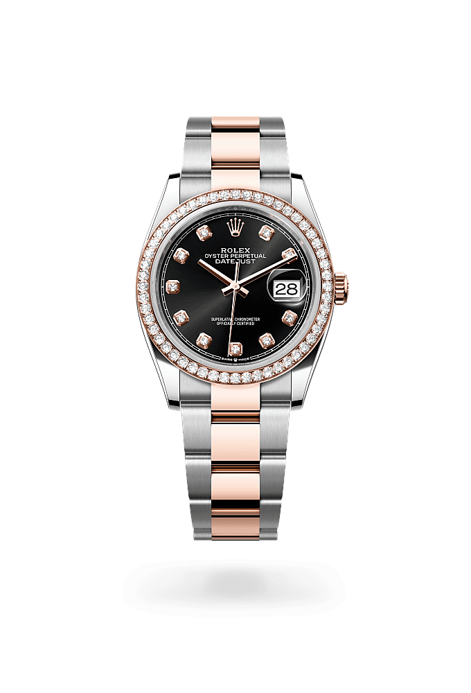 Datejust 36, Oyster, 36 มม., Oystersteel, เอเวอร์โรสโกลด์และเพชร, หน้าปัด : สีดำประดับเพชร, Rolex