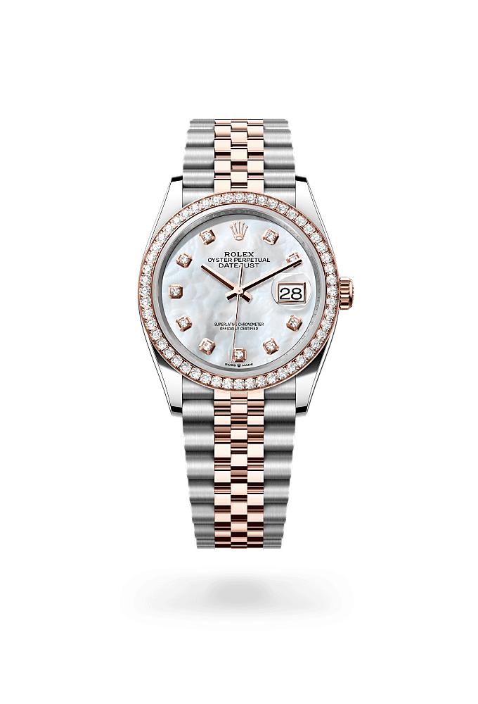 Datejust 36, Oyster, 36 มม., Oystersteel, เอเวอร์โรสโกลด์และเพชร, หน้าปัด : ไข่มุกขาวประดับด้วยเพชร, Rolex