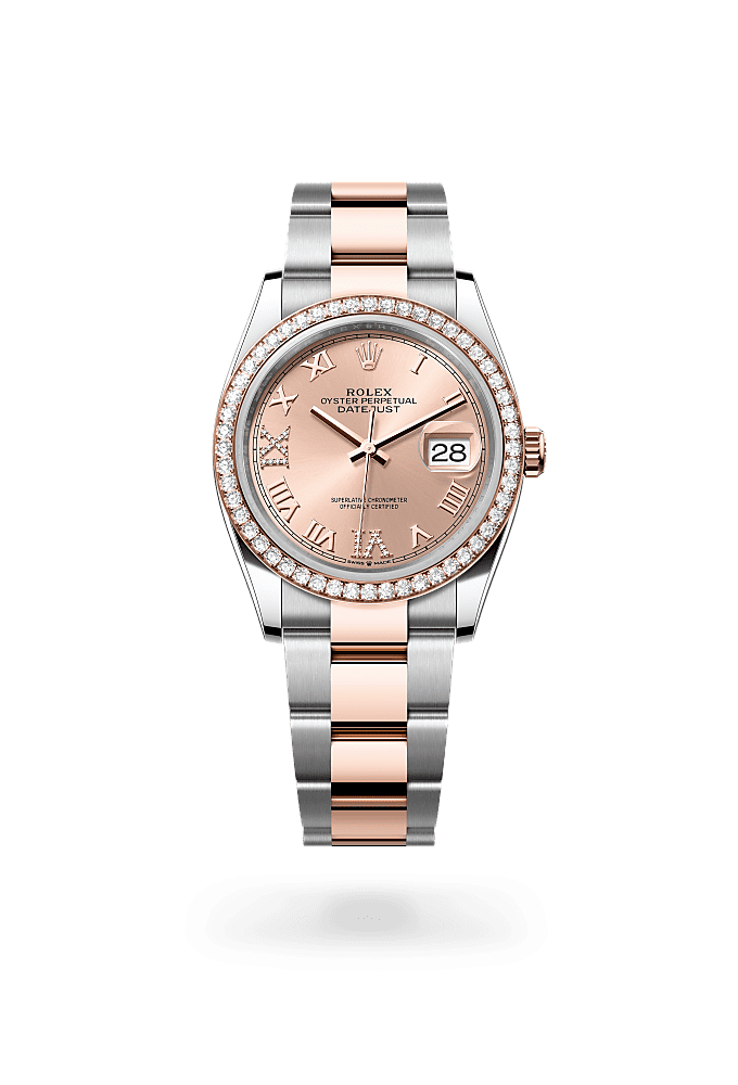 Datejust 36, Oyster, 36 มม., Oystersteel, เอเวอร์โรสโกลด์และเพชร, หน้าปัด : สีชมพูกุหลาบประดับเพชร, Rolex