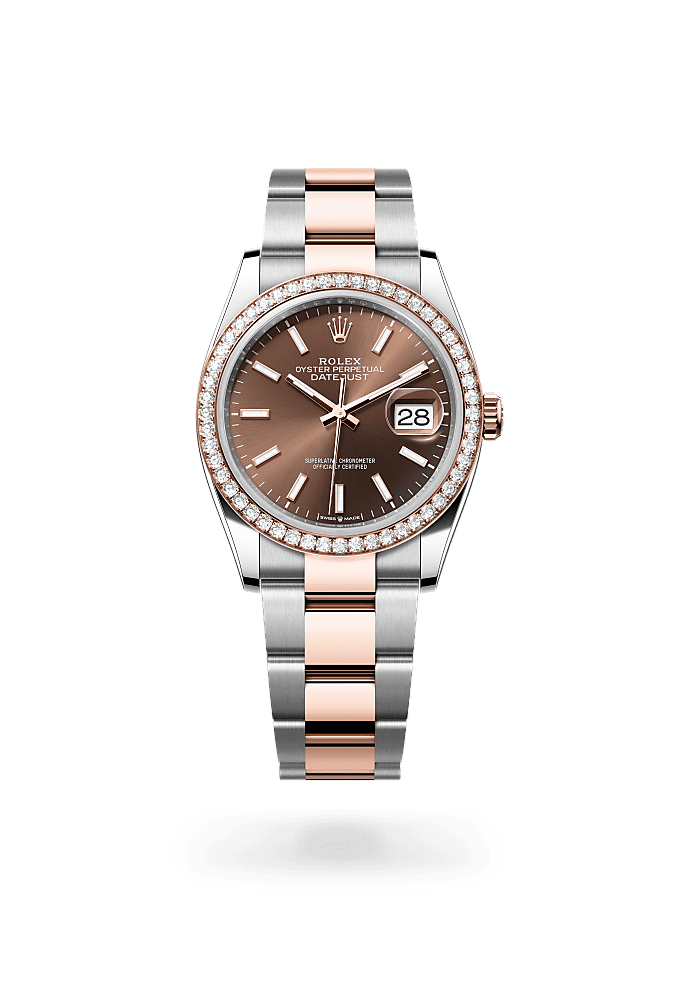 デイトジャスト 36, オイスター、36 mm、オイスタースチール＆エバーローズゴールド、ダイヤモンド, ダイアル : チョコレート, Rolex