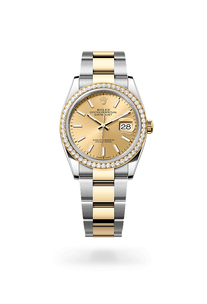 デイトジャスト 36, オイスター、36 mm、オイスタースチール＆イエローゴールド、ダイヤモンド, ダイアル : シャンパンカラー, Rolex