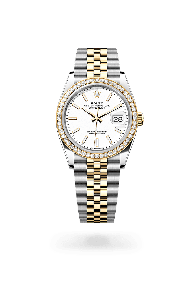 デイトジャスト 36, オイスター、36 mm、オイスタースチール＆イエローゴールド、ダイヤモンド, ダイアル : ホワイト, Rolex