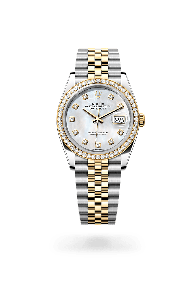 Datejust 36, Oyster, 36 มม., Oystersteel, ทองคำเและเพชร, หน้าปัด : ไข่มุกขาวประดับด้วยเพชร, Rolex