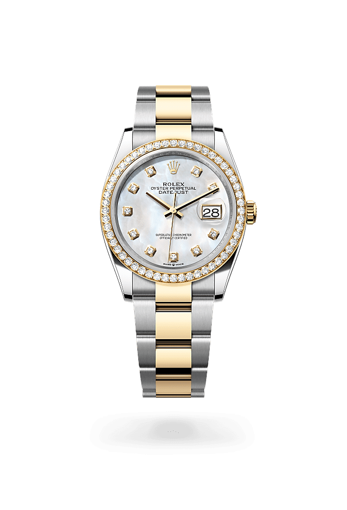 デイトジャスト 36, オイスター、36 mm、オイスタースチール＆イエローゴールド、ダイヤモンド, ダイアル : ダイヤモンド入りホワイトマザーオブパール, Rolex