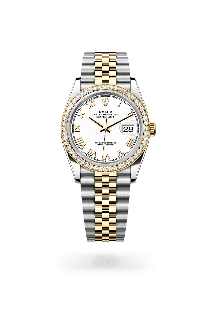 デイトジャスト 36, オイスター、36 mm、オイスタースチール＆イエローゴールド、ダイヤモンド, ダイアル : ホワイト, Rolex