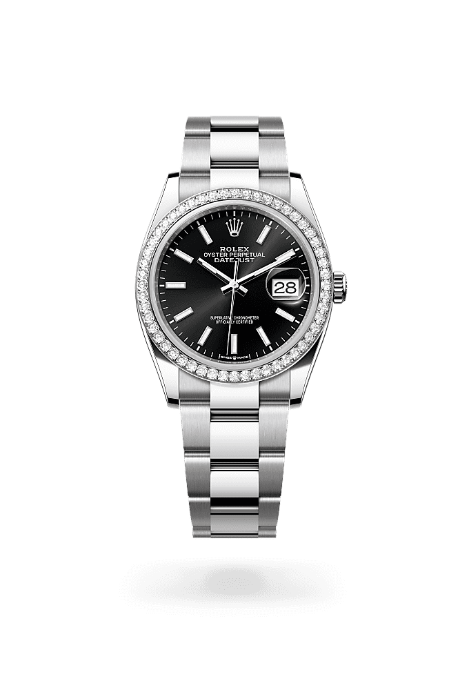 Datejust 36, Oyster, 36 mm, Oystersteel, white gold and diamonds, Dial : Bright black, Rolex