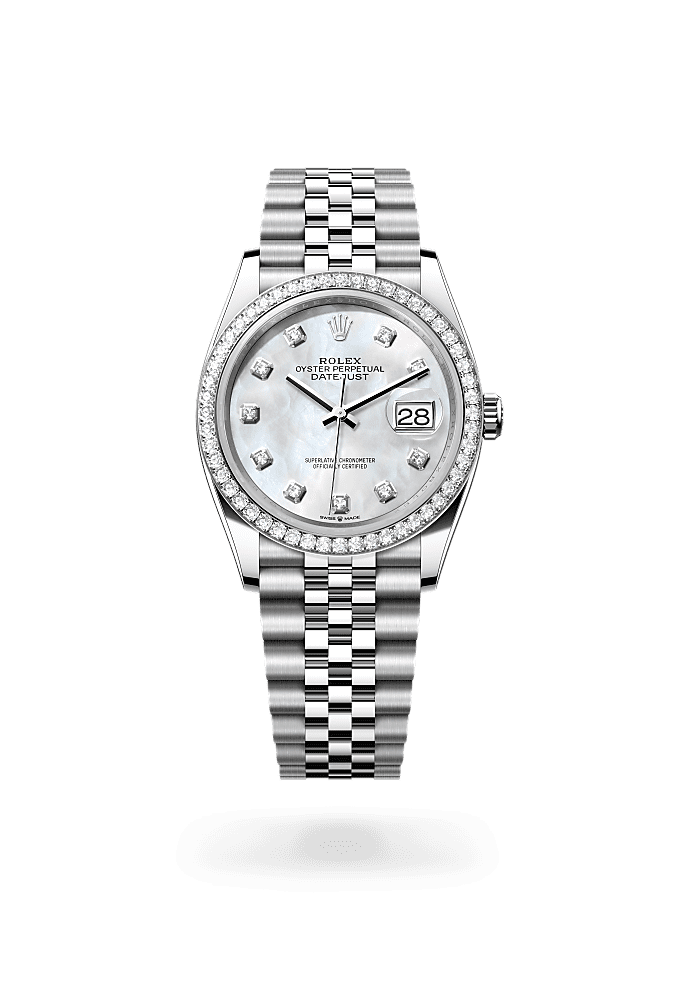 Datejust 36, Oyster, 36 มม., Oystersteel, ทองคำขาวและเพชร, หน้าปัด : ไข่มุกขาวประดับด้วยเพชร, Rolex