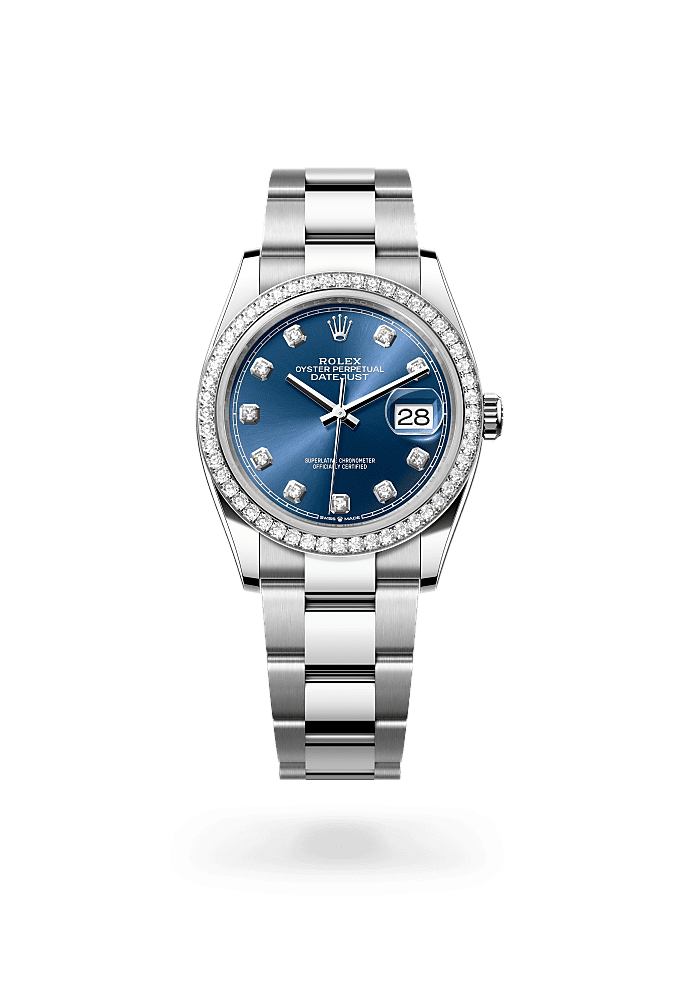 Datejust 36, Oyster, 36 mm, Oystersteel, white gold and diamonds, Dial : Bright blue set with diamonds, Rolex