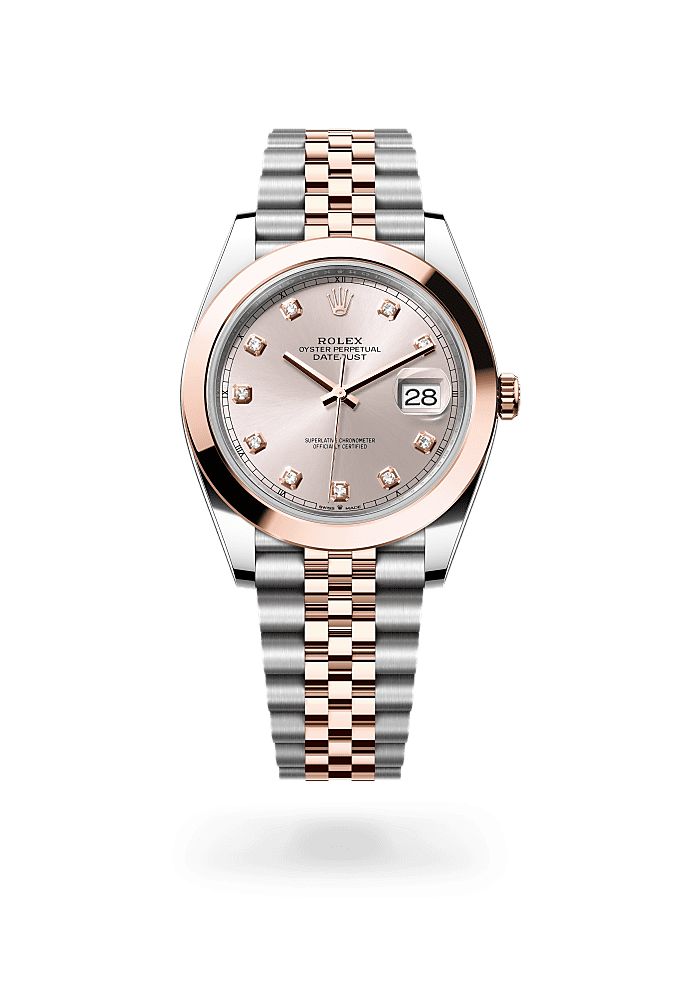 デイトジャスト 41, オイスター、41 mm、オイスタースチール＆エバーローズゴールド, ダイアル : ダイヤモンド入りサンダスト, Rolex