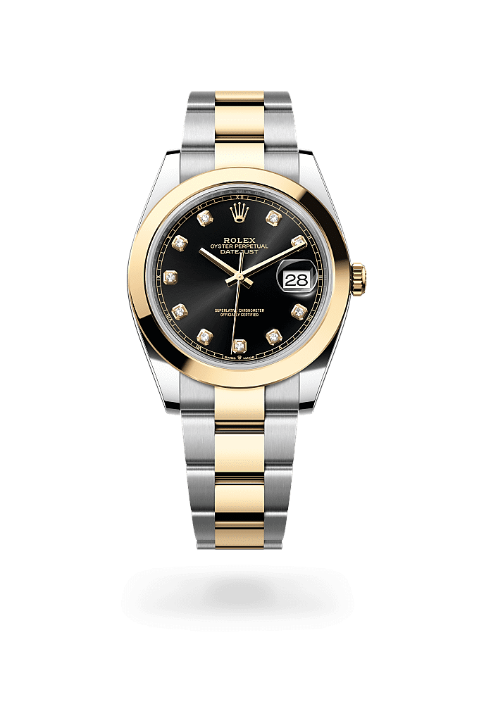 デイトジャスト 41, オイスター、41 mm、オイスタースチール＆イエローゴールド, ダイアル : ダイヤモンド入りブライトブラック, Rolex