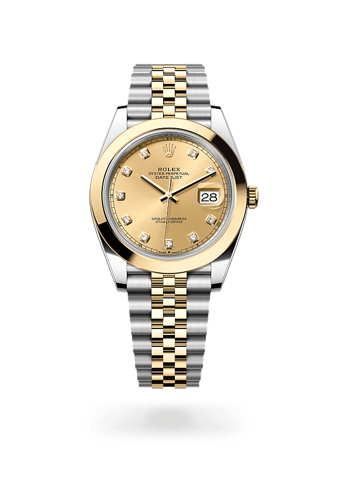Datejust 41, Oyster, 41 mm, Oystersteel and yellow gold, Dial : Champagne-colour set with diamonds, Rolex