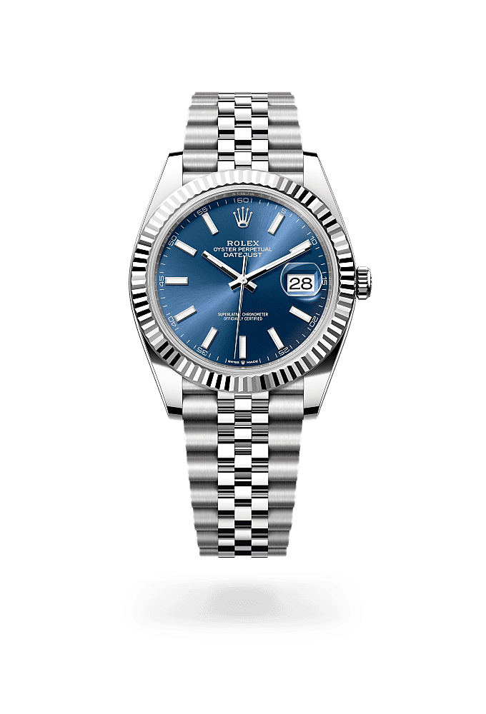 Datejust 41, Oyster, 41 มม., Oystersteel และทองคำขาว, หน้าปัด : สีน้ำเงินสว่าง, Rolex
