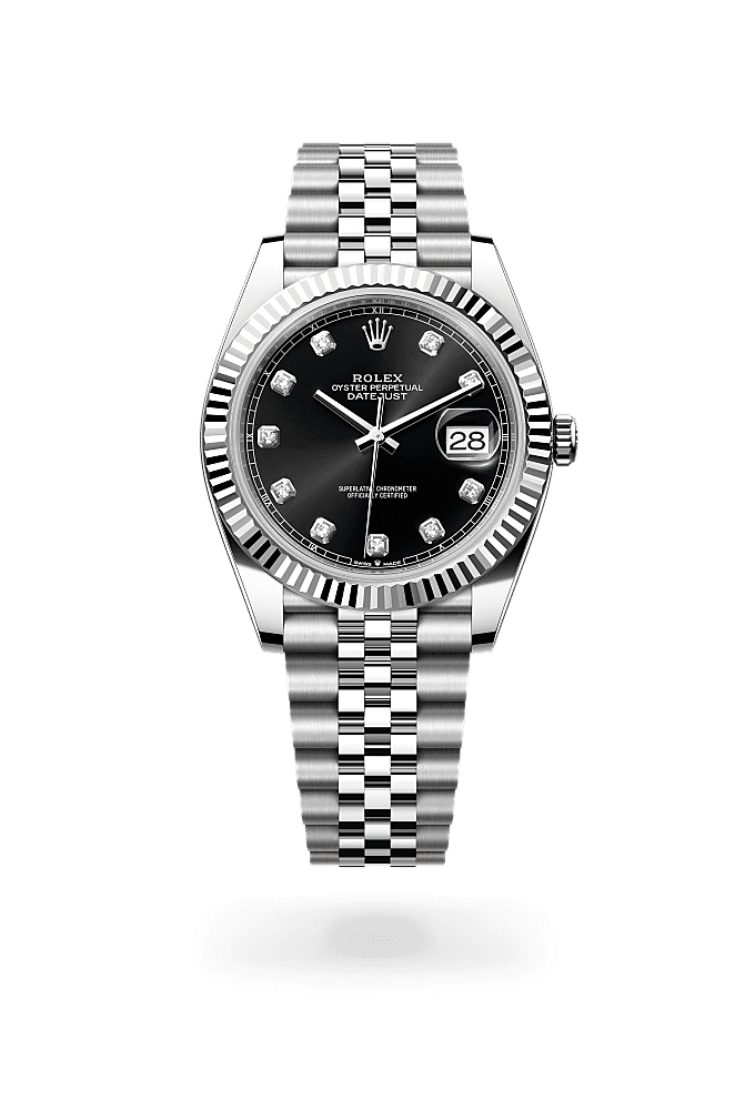 Datejust 41, Oyster, 41 mm, thép Oystersteel và vàng trắng, Mặt đồng hồ : Màu đen sáng nạm kim cương, Rolex
