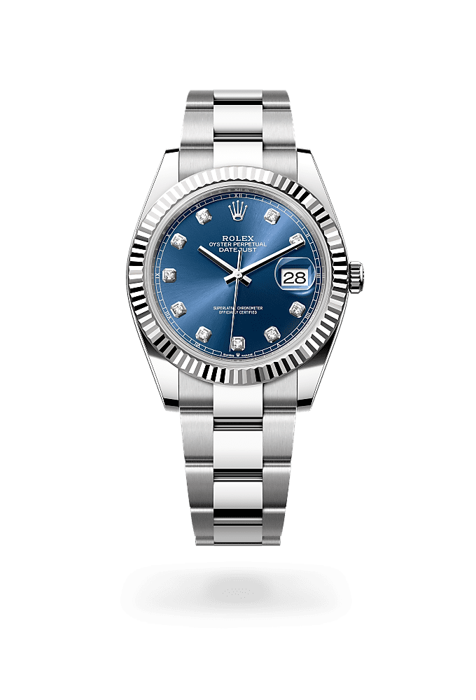 デイトジャスト 41, オイスター、41 mm、オイスタースチール＆ホワイトゴールド, ダイアル : ダイヤモンド入りブライトブルー, Rolex