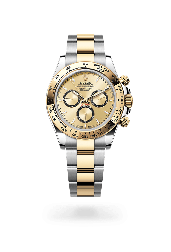 コスモグラフ デイトナ, オイスター、40 mm、オイスタースチール＆イエローゴールド, ダイアル : ゴールデン カウンターリング、ブラック, Rolex