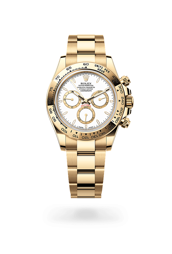 コスモグラフ デイトナ, オイスター、40 mm、イエローゴールド, ダイアル : ホワイト、ゴールデン カウンターリング, Rolex