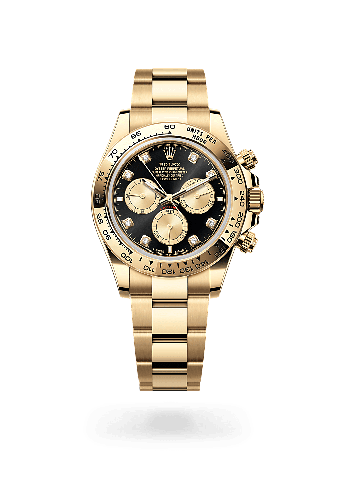 コスモグラフ デイトナ, オイスター、40 mm、イエローゴールド, ダイアル : ダイヤモンド入りブライトブラック＆ゴールデン, Rolex