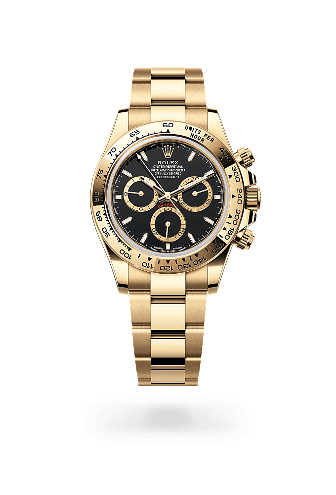 コスモグラフ デイトナ, オイスター、40 mm、イエローゴールド, ダイアル : ブラック、ゴールデンカウンターリング, Rolex