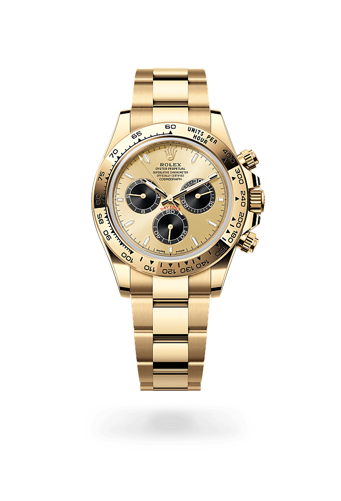 コスモグラフ デイトナ, オイスター、40 mm、イエローゴールド, ダイアル : ゴールデン＆ブライトブラック, Rolex