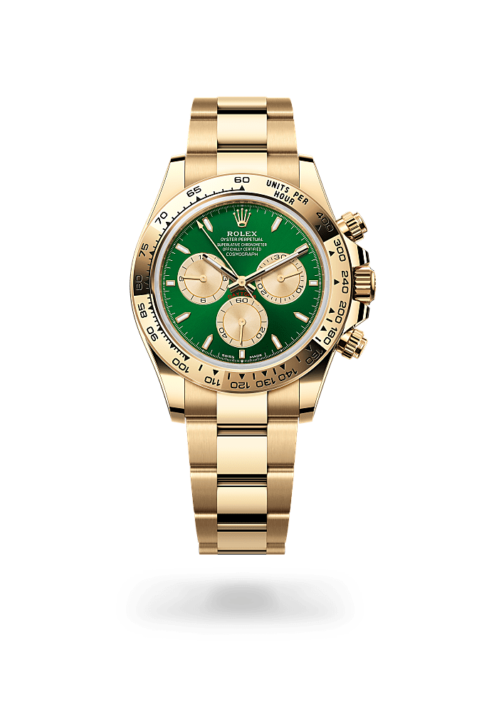 Cosmograph Daytona, Oyster, 40 mm, emas kuning, Permukaan : Hijau cerah dan keemasan, Rolex