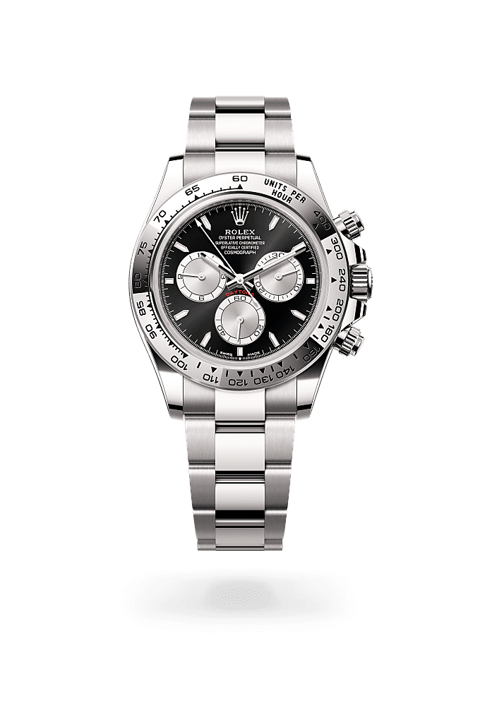 Cosmograph Daytona, Oyster, 40 mm, emas putih, Permukaan : Hitam terang dan keluli, Rolex