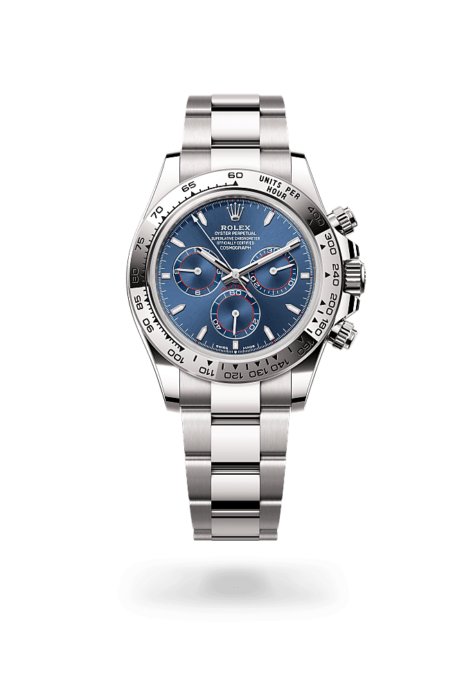 كوزموغراف دايتونا, أويستر، ٤٠ مم، من الذهب الأبيض, المينا : أزرق ساطع, Rolex