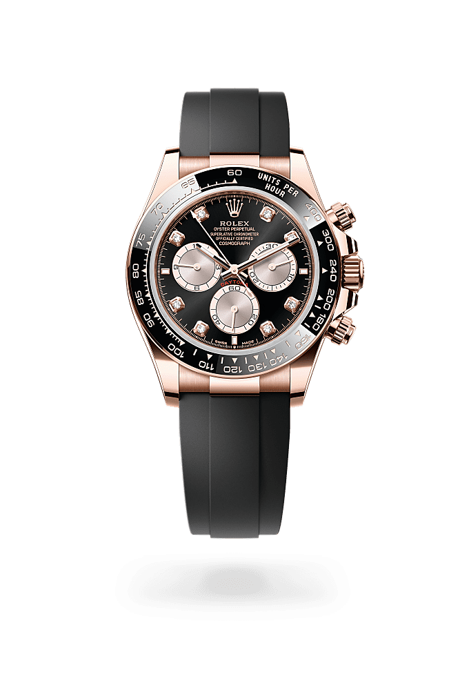 コスモグラフ デイトナ, オイスター、40 mm、エバーローズゴールド, ダイアル : ダイヤモンド入りブライトブラック＆サンダスト, Rolex