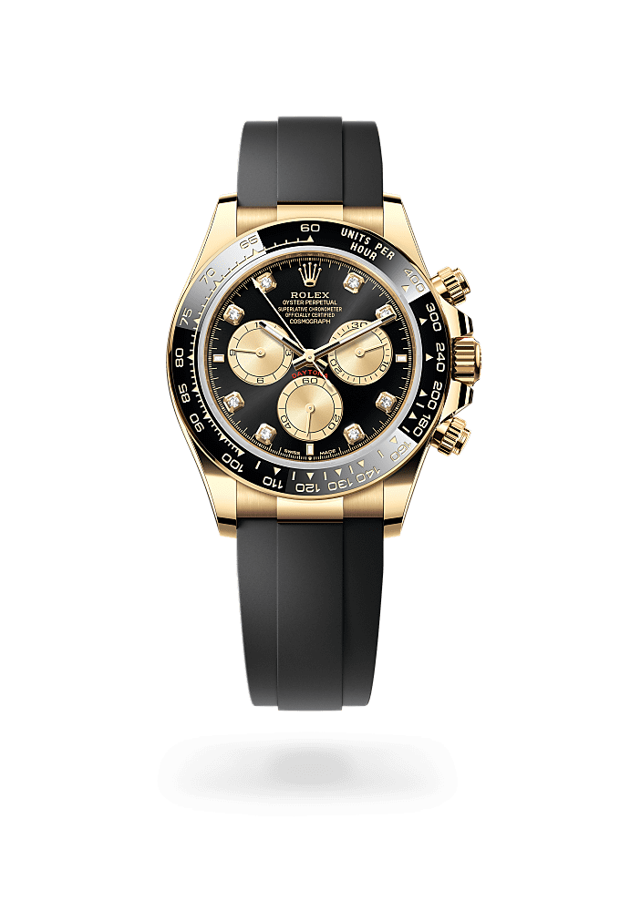 コスモグラフ デイトナ, オイスター、40 mm、イエローゴールド, ダイアル : ダイヤモンド入りブライトブラック＆ゴールデン, Rolex