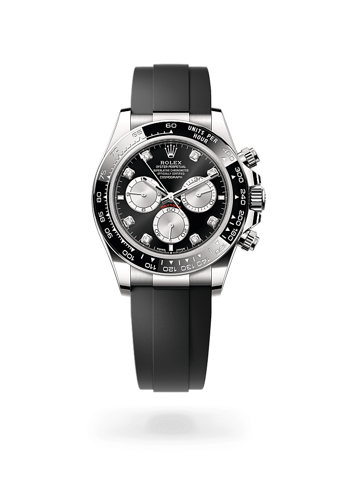 コスモグラフ デイトナ, オイスター、40 mm、ホワイトゴールド, ダイアル : ダイヤモンド入りブライトブラック＆スチール, Rolex