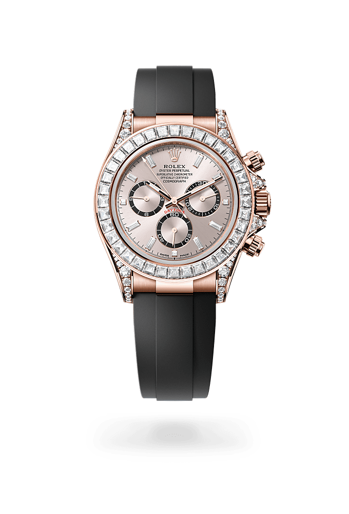 Cosmograph Daytona, Oyster, 40 mm, emas Everose dan berlian, Permukaan : Cincin pembilang hitam terang dan Sundust bertatahkan berlian, Rolex
