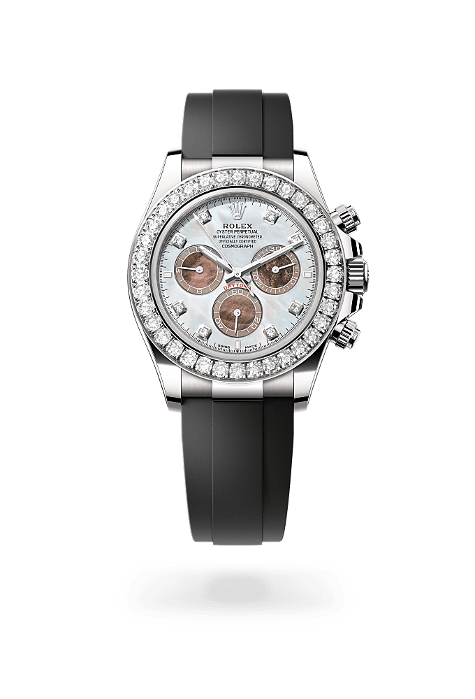 Cosmograph Daytona, Oyster, 40 mm, emas putih dan berlian, Permukaan : Indung mutiara hitam dan putih bertatahkan berlian, Rolex