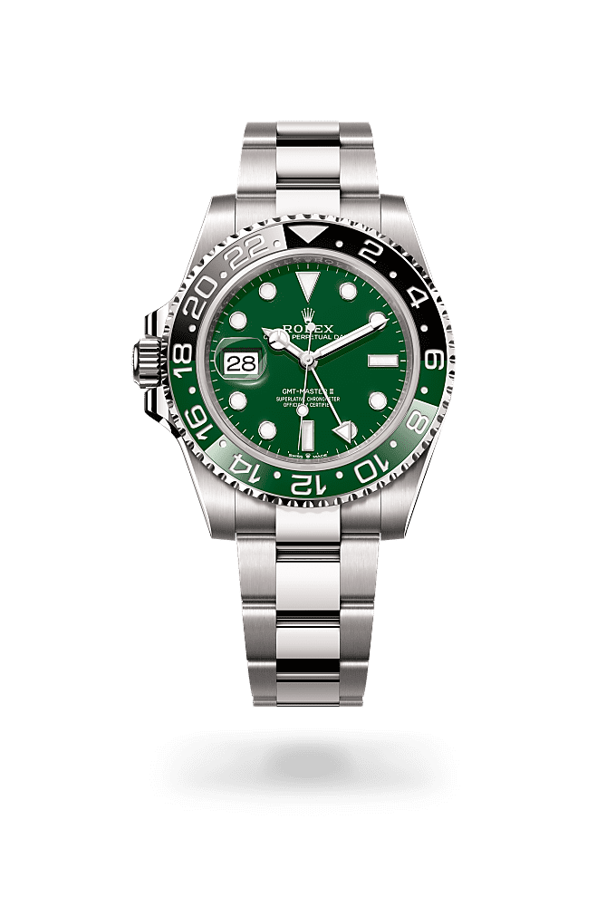 GMT-Master II, Oyster, 40 mm, emas putih, Permukaan : Seramik hijau, Rolex