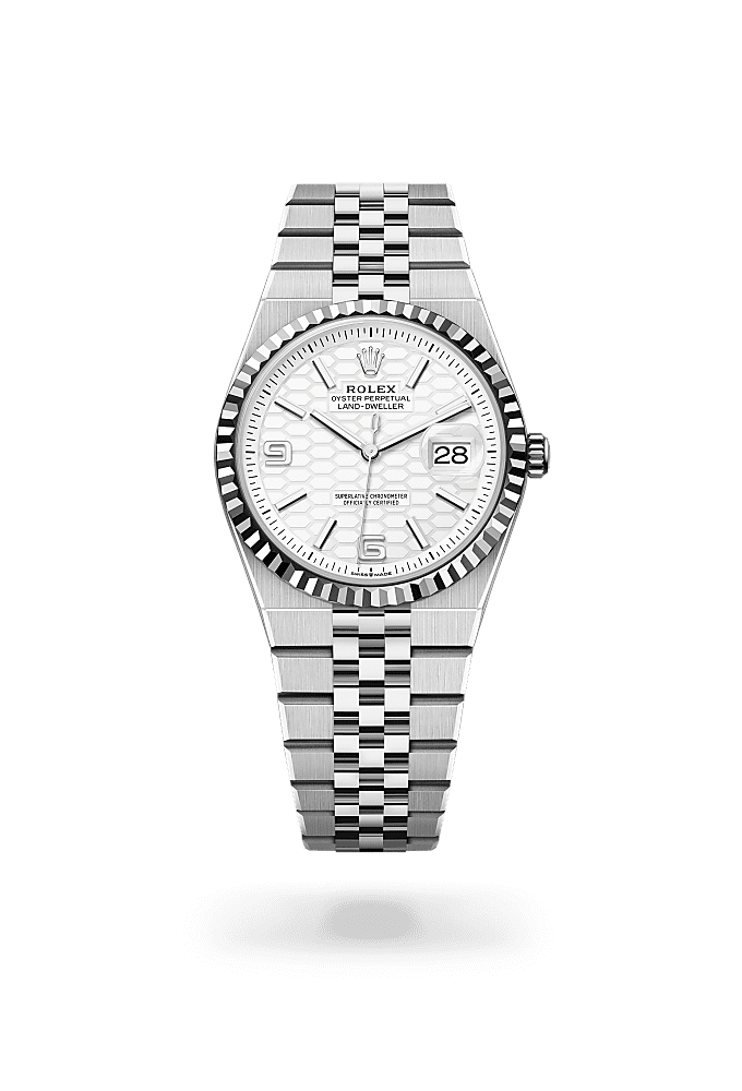 Land-Dweller 36, Oyster, 36 มม., Oystersteel และทองคำขาว, หน้าปัด : สีขาวเข้ม ลวดลายรังผึ้ง, Rolex