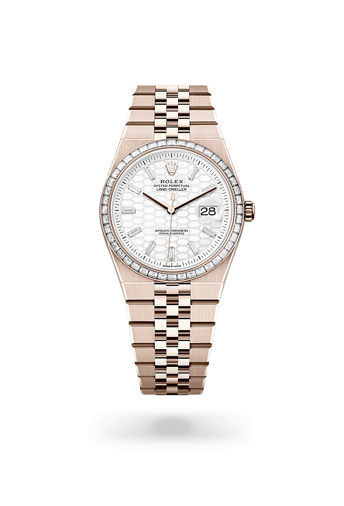 Land-Dweller 36, Oyster, 36 mm, ouro Everose e diamantes, Mostrador : Motivo favo de mel em branco intenso, cravejado de diamantes, Rolex