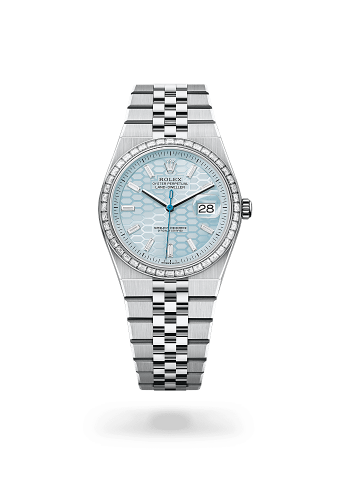 Land-Dweller 36, Oyster, 36 mm, platina e diamantes, Mostrador : Motivo favo de mel em azul-glacial, cravejado de diamantes, Rolex