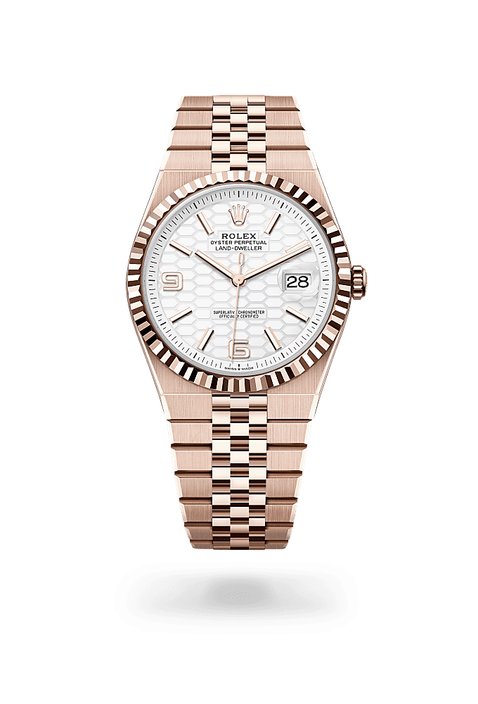 Land-Dweller 40, Oyster, 40 mm, ouro Everose, Mostrador : motivo favo de mel, branco intenso, Rolex