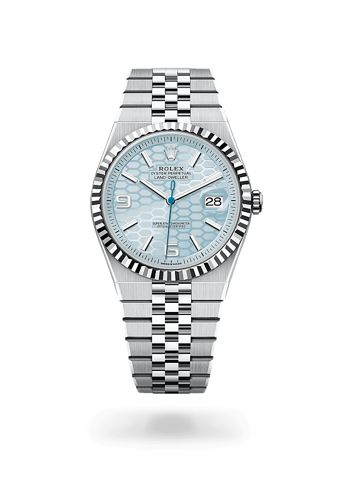 Land-Dweller 40, Oyster, 40 mm, platina, Mostrador : Azul-glacial, motivo favo de mel, Rolex