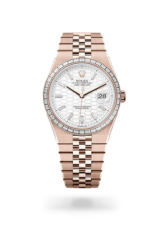 Land-Dweller 40, 蠔式，40毫米，鑽石及永恒玫瑰金, 錶面 : 醇白色，蜂巢圖案，鑲鑽石, Rolex