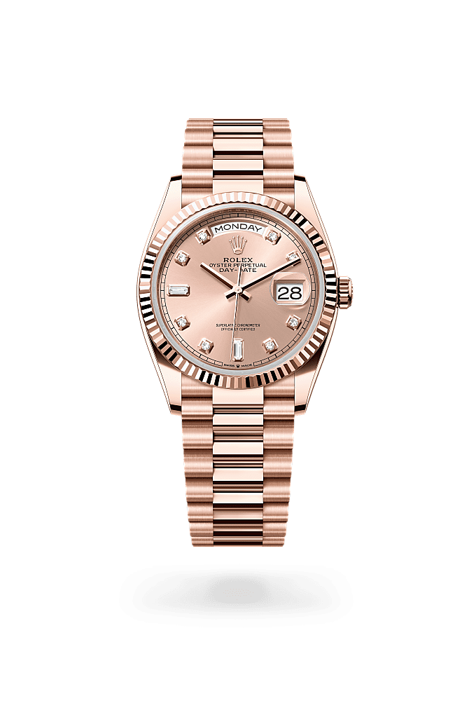 Day-Date 36, Oyster, 36 mm, emas Everose, Permukaan : Warna ros dipasangkan dengan berlian, Rolex
