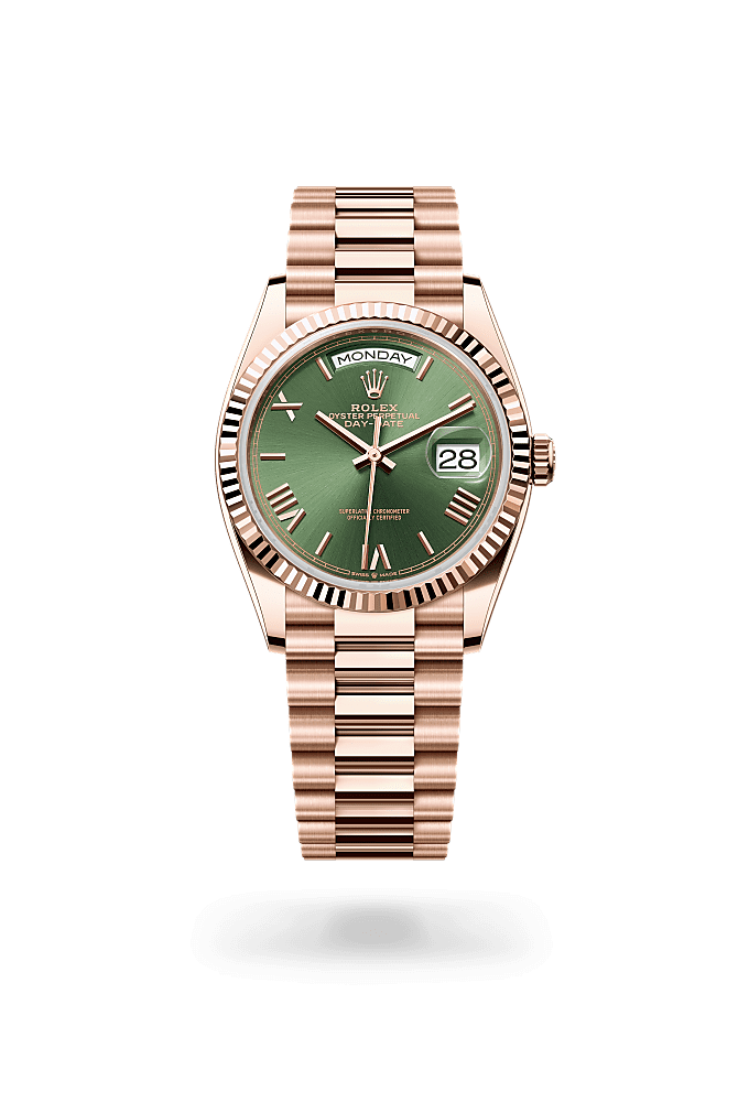 Day-Date 36, Oyster, 36 mm, vàng Everose, Mặt đồng hồ : Oliu xanh, Rolex