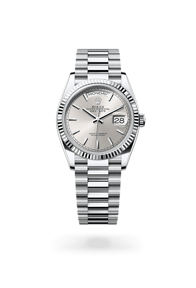 Day-Date 36, Oyster, 36 mm, platinum, Permukaan : Perak, Rolex