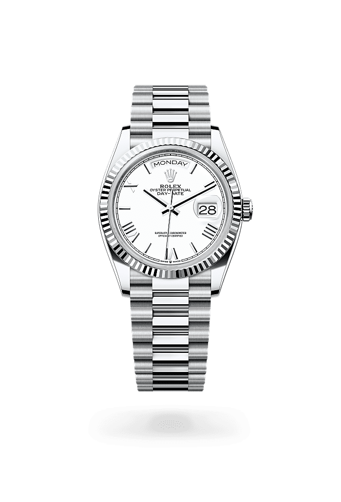 星期日历型 36, 蚝式，36毫米，铂金, 表盘 : 白色, Rolex
