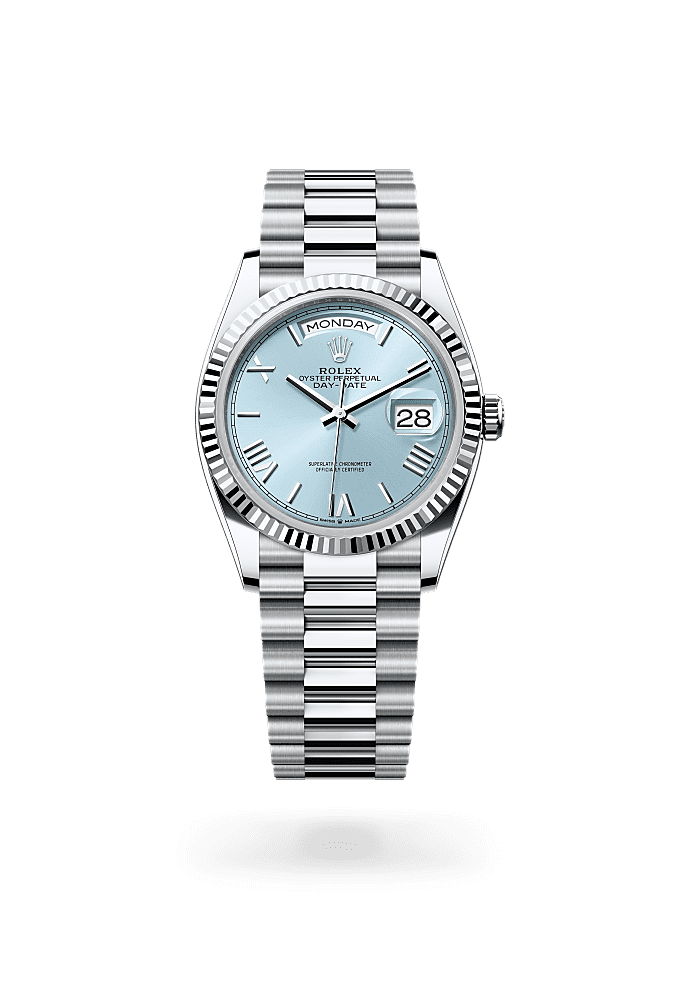 星期日历型 36, 蚝式，36毫米，铂金, 表盘 : 冰蓝色, Rolex