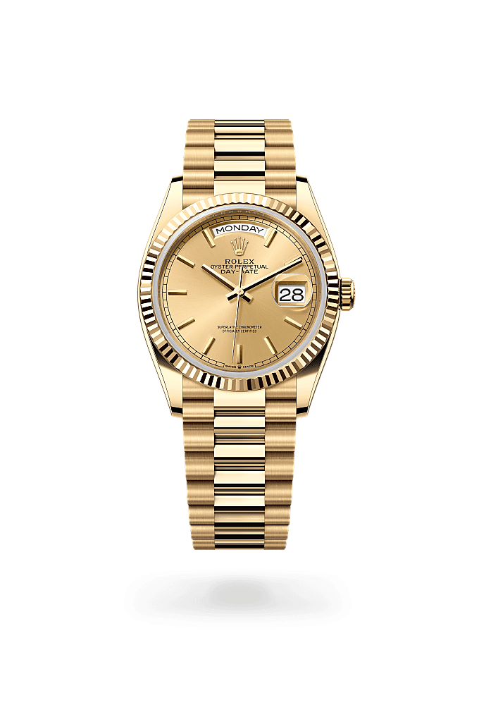 Day-Date 36, Oyster, 36 mm, emas kuning, Permukaan : Warna champagne, Rolex