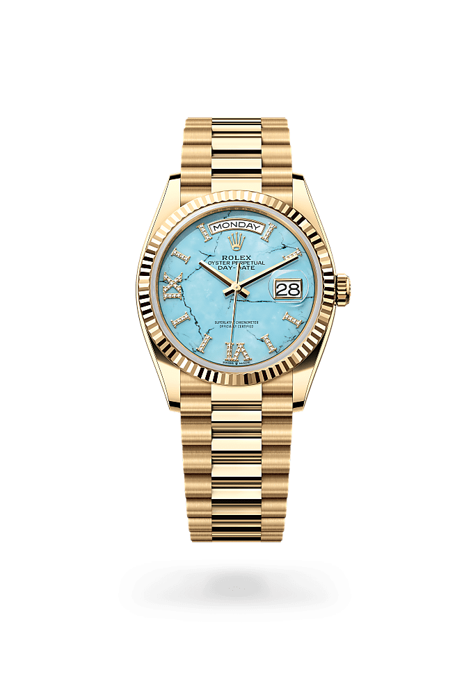 Day-Date 36, Oyster, 36 mm, emas kuning, Permukaan : Firus bertatahkan permata, Rolex