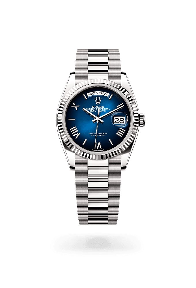 Day-Date 36, Oyster, 36 mm, emas putih, Permukaan : Ombre biru, Rolex