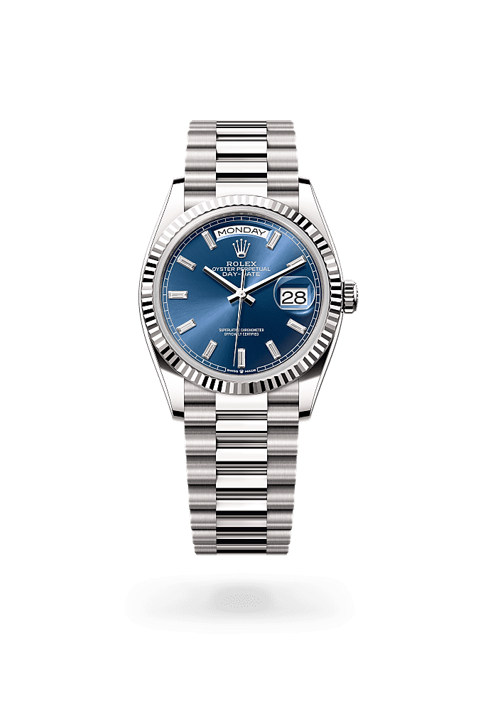 星期日历型 36, 蚝式，36毫米，白色黄金, 表盘 : 亮蓝色，镶钻石, Rolex