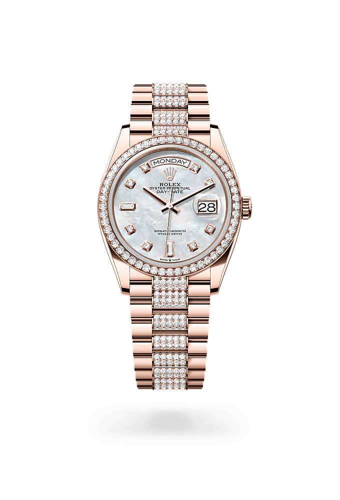 Day-Date 36, Oyster, 36 mm, emas Everose dan berlian, Permukaan : Mutiara tempurung putih bertatahkan berlian, Rolex