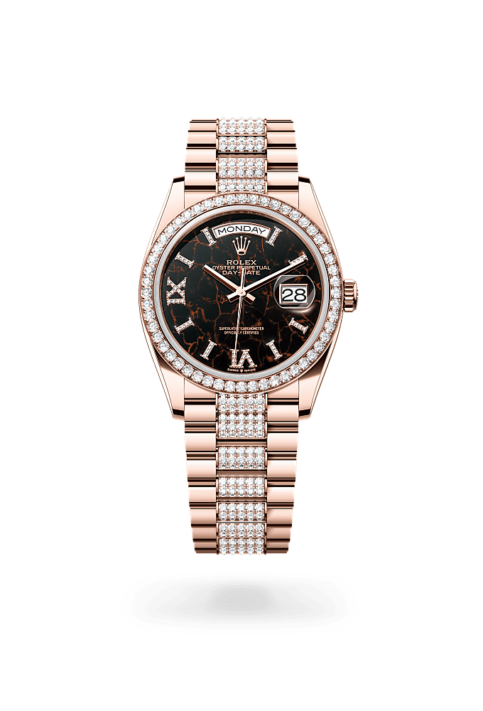 Day-Date 36, Oyster, 36 mm, emas Everose dan berlian, Permukaan : Eisenkiesel ditetapkan dengan berlian-berlian, Rolex